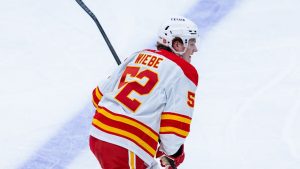 Calgary Flames defenceman Abram Wiebe skates during the first period of an NHL hockey game against the Seattle Kraken, Saturday, April 11, 2026, in Seattle. (Maddy Grassy/AP)