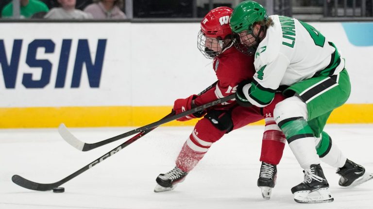 Wisconsin defenceman Joe Palodichuk (14) skates against North Dakota defenceman Jake Livanavage (4) in the second period of a semifinal game of the NCAA Frozen Four men's college hockey tournament Thursday, April 9, 2026, in Las Vegas. (John Locher/AP Photo)