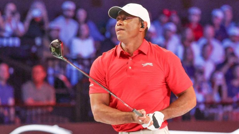 Tiger Woods of the Jupiter Links Golf Club plays his shot from the first tee during final day of TGL golf tournament,Tuesday, March 24, 2026, in Palm Beach Gardens Fla. (Reinhold Matay/AP)