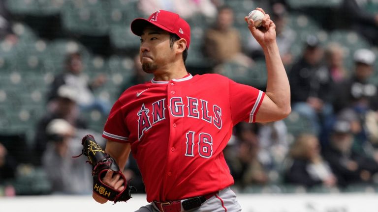 Los Angeles Angels starting pitcher Yusei Kikuchi, of Japan, throws during the first inning of a baseball game against the Chicago White Sox in Chicago, Wednesday, April 29, 2026. (Nam Y. Huh/AP)