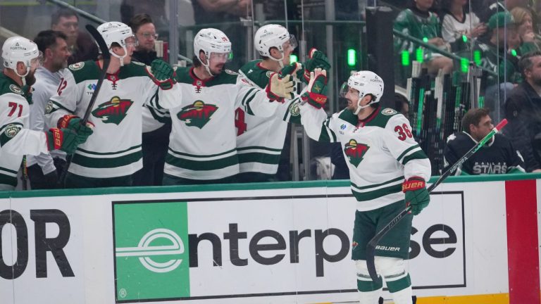Minnesota Wild right wing Mats Zuccarello skates by his bench after scoring a goal against the Dallas Stars during the first period in Game 5 of a first-round NHL Stanley Cup playoffs hockey series, Tuesday, April 28, 2026, in Dallas. (Julio Cortez/AP)