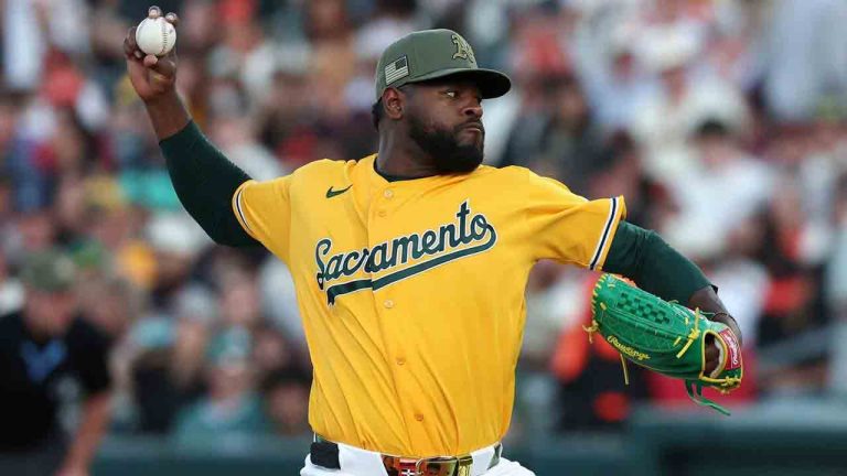 Athletics pitcher Luis Severino throws to the San Francisco Giants during the fourth inning of a baseball game Saturday, May 16, 2026, in West Sacramento, Calif. (Sara Nevis/AP)