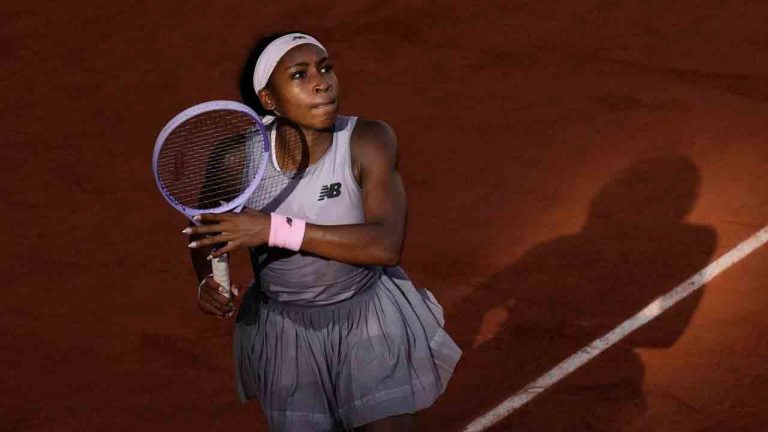 Coco Gauff of the U.S. returns to Anastasia Potapova of Austria during their third round women's singles tennis match at the French Open tennis tournament in Paris, Saturday, May 30, 2026. (Christophe Ena/AP)