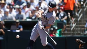 New York Yankees' Ben Rice hits a two-RBI triple during the third inning of a game against the Athletics, Sunday, May 31, 2026, in West Sacramento, Calif. (Scott Marshall/AP)