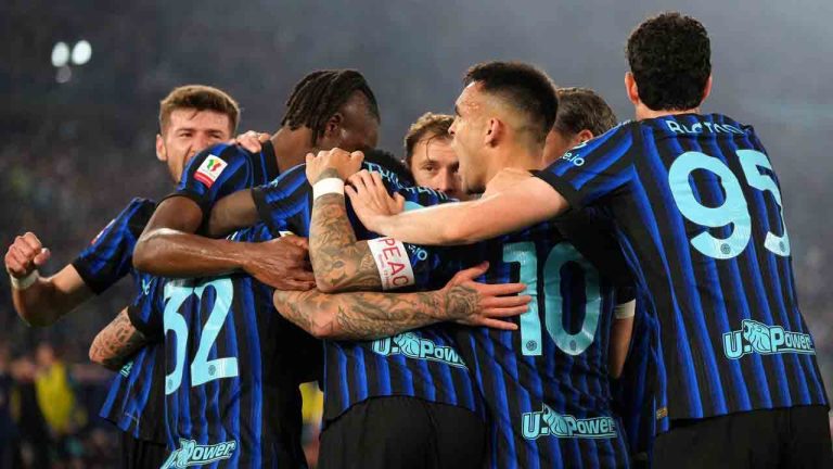 Inter Milan players celebrate after Lazio's Adam Marusic scored an own goal during the Italian Cup soccer final between Lazio and Inter Milan, in Rome, Wednesday, May 13, 2026. (Andrew Medichini/AP)