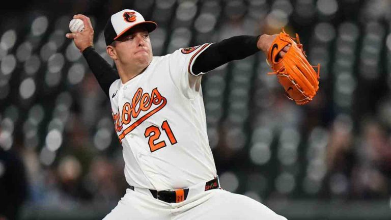 Baltimore Orioles pitcher Ryan Helsley (21) delivers during the ninth inning of a baseball game against the Houston Astros, Tuesday, April 28, 2026, in Baltimore. (Stephanie Scarbrough/AP)