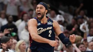 Cleveland Cavaliers guard Max Strus (2) celebrates a turnover by the Detroit Pistons in the first half of Game 3 of a second-round NBA playoffs basketball series Saturday, May 9, 2026 in Cleveland. (Sue Ogrocki/AP)