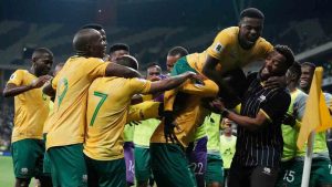 South Africa players celebrate their side's third goal during a World Cup 2026 group C qualifying soccer match between South Africa and Rwanda at Mbombela Stadium, in Nelspruit, South Africa, Oct. 14, 2025. (Themba Hadebe/AP)