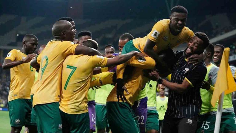 South Africa players celebrate their side's third goal during a World Cup 2026 group C qualifying soccer match between South Africa and Rwanda at Mbombela Stadium, in Nelspruit, South Africa, Oct. 14, 2025. (Themba Hadebe/AP)