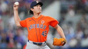 Houston Astros starting pitcher Tatsuya Imai throws to the Texas Rangers during the first inning of a baseball game Monday, May 25, 2026, in Arlington, Texas. (Julio Cortez/AP)
