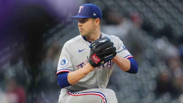 Texas Rangers starting pitcher MacKenzie Gore works against the Colorado Rockies in the first inning of a baseball game Monday, May 18, 2026, in Denver. (David Zalubowski/AP)