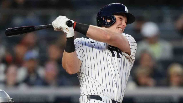 New York Yankees' Ben Rice follows through on a three-run home run during the second inning of a baseball game against the Baltimore Orioles Friday, May 1, 2026, in New York. (Frank Franklin II/AP)