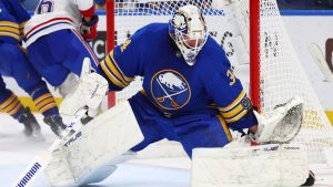 Sabres goaltender Alex Lyon makes a save in Game 1 against the Montreal Canadiens in Buffalo, N.Y., on Wednesday, May 6, 2026. (AP/Jeffrey T. Barnes)