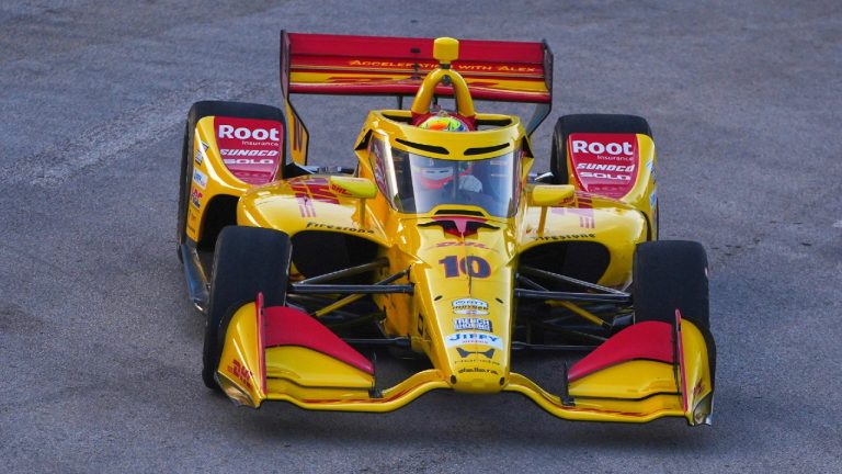 Diver Alex Palou takes a turn during practice for the IndyCar Grand Prix of Arlington auto race, Saturday, March 14, 2026, in Arlington, Texas. (LM Otero/AP)