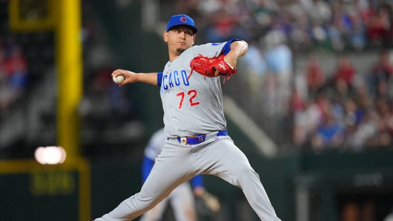 Chicago Cubs' Javier Assad throws during the sixth inning of a baseball game between the Texas Rangers and the Chicago Cubs, Friday, May 8, 2026, in Arlington, Texas. (Julio Cortez/AP)