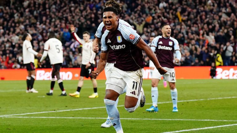 Aston Villa's Ollie Watkins celebrates scoring their side's third goal during the English Premier League soccer match between Aston Villa and Liverpool in Birmingham, England, Friday, May 15, 2026. (Jacob King/PA via AP)