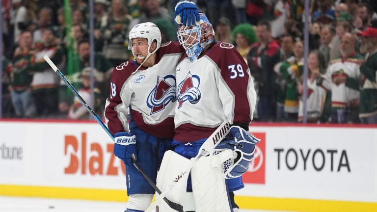 Colorado Avalanche centre Jack Drury, left, and Colorado Avalanche goaltender MacKenzie Blackwood (39) celebrate after Game 4 in a second-round NHL hockey Stanley Cup playoff series against the Minnesota Wild, Monday, May 11, 2026, in St. Paul, Minn. (Abbie Parr/AP)