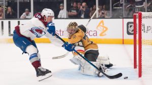 Colorado Avalanche forward Jack Drury scores on Vegas Golden Knights goaltender Carter Hart during the first period in Game 3 of the Western Conference finals NHL hockey Stanley Cup playoff series Sunday, May 24, 2026, in Las Vegas. (Mark J. Terrill/AP)