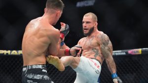 Bassil Hafez, right, kicks Mickey Gall during the third round of a welterweight bout at UFC 302 in Newark, N.J. (Frank Franklin II/AP)