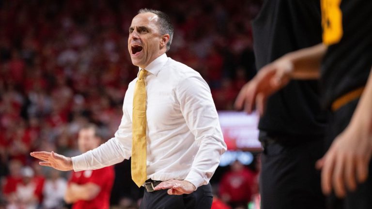 Iowa head coach Ben McCollum yells to his team as they play against Nebraska during the second half of an NCAA basketball game, Sunday, March 8, 2026, in Lincoln, Neb. (Rebecca S. Gratz/AP)