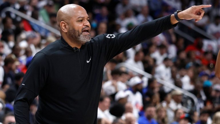 Detroit Pistons head coach J.B. Bickerstaff directs his team during the first half in Game 2 of a first-round NBA basketball playoffs series against the Orlando Magic Wednesday, April 22, 2026, in Detroit. (Duane Burleson/AP)