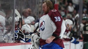 Colorado Avalanche goaltender MacKenzie Blackwood (39) waits for play to resume during the third period of Game 3 of an NHL Stanley Cup hockey second-round playoff series against the Minnesota Wild, Saturday, May 9, 2026, in St. Paul, Minn. (Abbie Parr/AP)