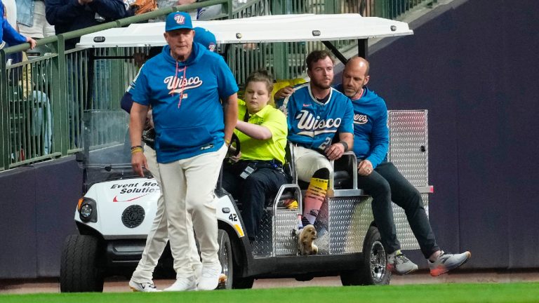 Milwaukee Brewers' Brandon Lockridge is carted off the field after suffering an injury during the fourth inning of a baseball game against the New York Yankees, Friday, May 8, 2026, in Milwaukee. (Aaron Gash/AP)