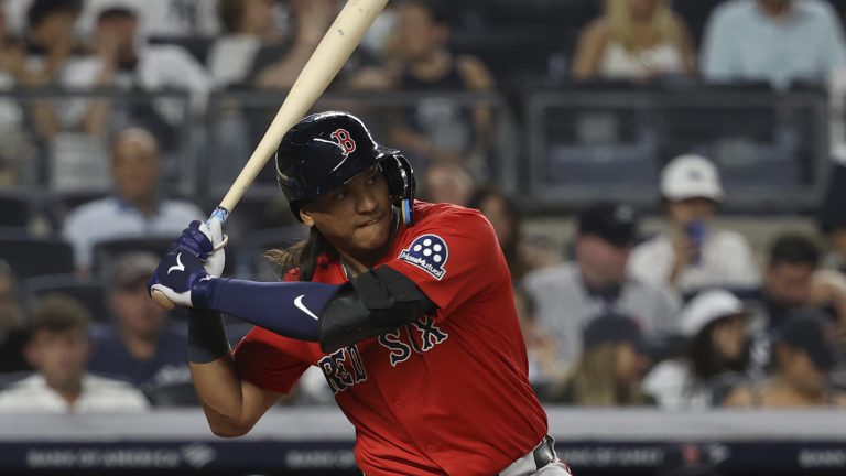 Boston Red Sox's Jhostynxon Garcia bats during the fourth inning of a baseball game against the New York Yankees, Friday, Aug. 22, 2025, in New York. (Pamela Smith/AP)