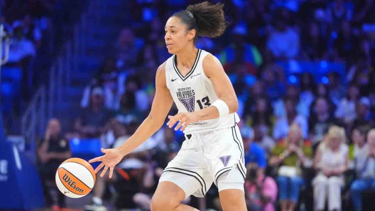Golden State Valkyries forward Janelle Salaun during the first half of a WNBA basketball game against the Dallas Wings in Arlington, Texas, Sunday, Aug. 24, 2025. (LM Otero/AP)