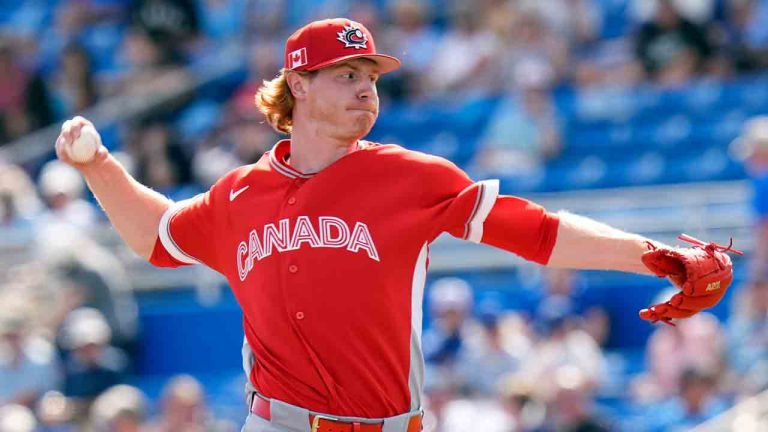 Canada's Eric Cerantola pitches to the Toronto Blue Jays during the first inning of an exhibition baseball game Tuesday, March 3, 2026, in Dunedin, Fla. (Chris O'Meara/AP)