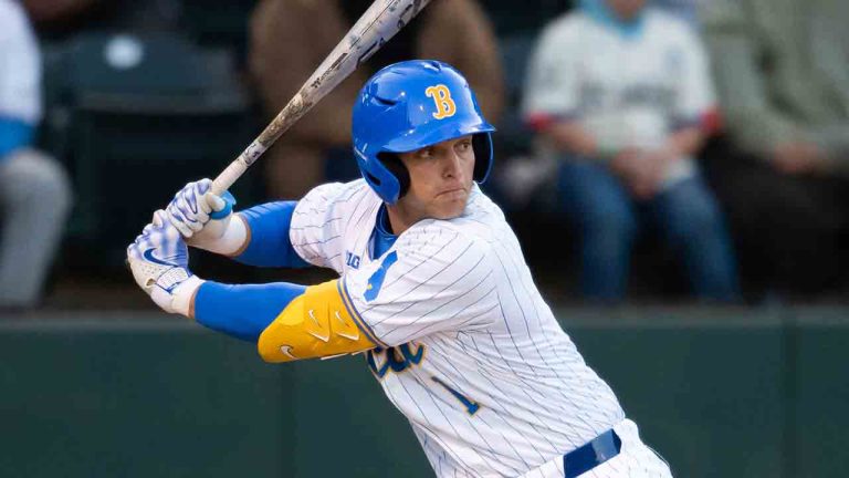 UCLA's Roch Cholowsky bats during an NCAA baseball game against Texas Christian on Friday, Feb. 20, 2025, in Los Angeles. (Kyusung Gong/AP)