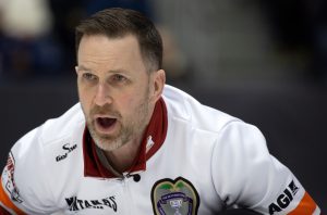 Brad Gushue, Team Newfoundland and Labrador-Gushue calls to his team during the 3v4 Page Playoffs at the Montana's Brier Canadian men's curling championship, in St. John's, N.L., on Saturday, March 7, 2026. (Paul Daly/CP)