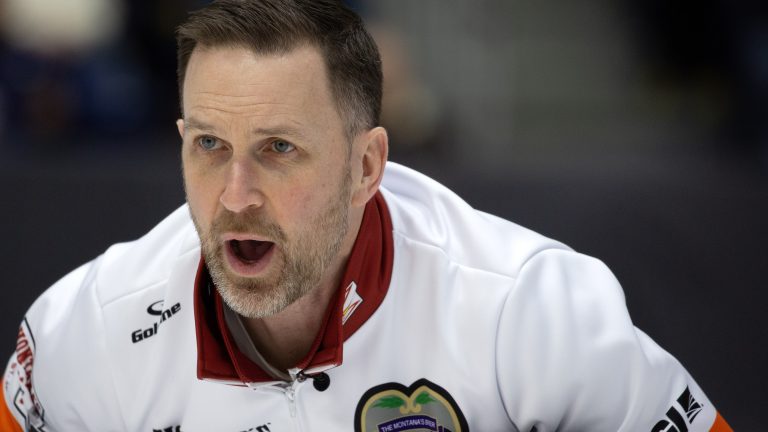 Brad Gushue, Team Newfoundland and Labrador-Gushue calls to his team during the 3v4 Page Playoffs at the Montana's Brier Canadian men's curling championship, in St. John's, N.L., on Saturday, March 7, 2026. (Paul Daly/CP)