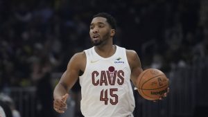 Cleveland Cavaliers guard Donovan Mitchell (45) in the first half of an NBA basketball game against the Atlanta Hawks in Cleveland, Wednesday, April 8, 2026. (AP Photo/Sue Ogrocki)
