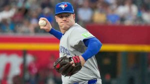 Toronto Blue Jays pitcher Braydon Fisher works against the Arizona Diamondbacks during the first inning of a baseball game Friday, April 17, 2026, in Phoenix. (Darryl Webb/AP)