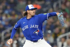 Toronto Blue Jays pitcher Kevin Gausman works against the Cleveland Guardians during first inning MLB action in Toronto on Saturday, April 25, 2026. (Chris Young/CP)