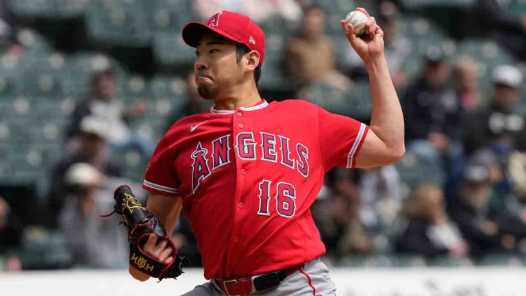 Los Angeles Angels starting pitcher Yusei Kikuchi, of Japan, throws during the first inning of a baseball game against the Chicago White Sox in Chicago, Wednesday, April 29, 2026. (Nam Y. Huh/AP)