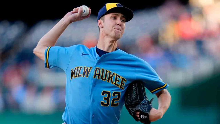 Milwaukee Brewers starting pitcher Jacob Misiorowski throws to the Washington Nationals during the first inning of a baseball game, Friday, May 1, 2026, in Washington. (Jess Rapfogel/AP)