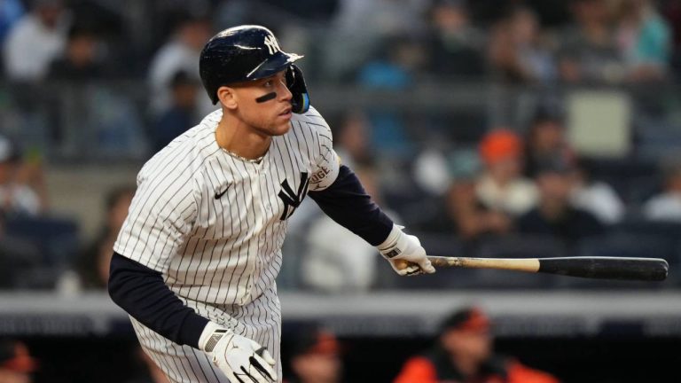 New York Yankees' Aaron Judge hits a single during second inning of a baseball game against the Baltimore Orioles Friday, May 1, 2026, in New York. (AP Photo/Frank Franklin II)