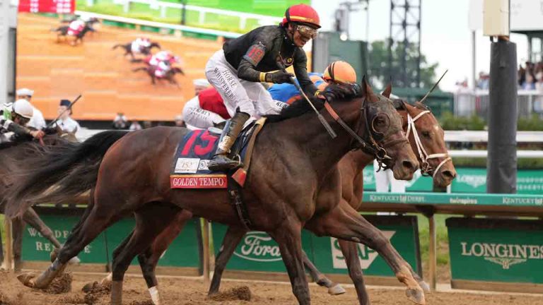 Golden Tempo (19) ridden by Jose L. Ortiz wins the 152nd running of the Kentucky Derby horse race at Churchill Downs, Saturday, May 2, 2026, in Louisville, Ky. (Jeff Roberson/AP)