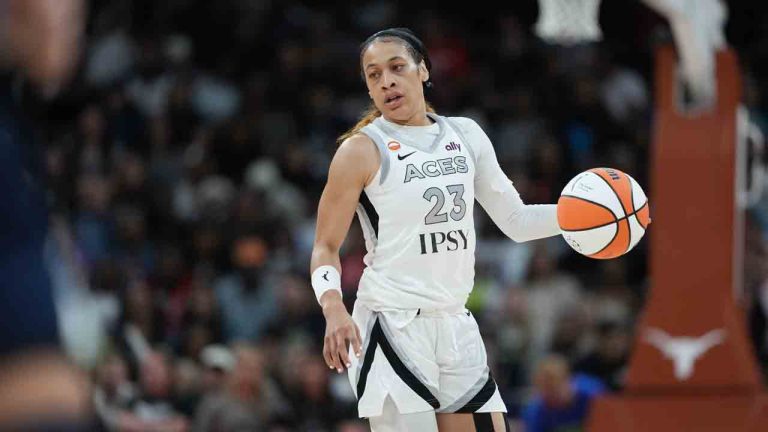 Las Vegas Aces guard Chennedy Carter (23) during the first half of a WNBA preseason basketball game against the Dallas Wings in Austin, Texas, Sunday, May 3, 2026. (Eric Gay/AP)