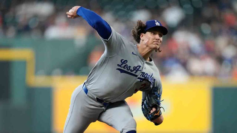 Los Angeles Dodgers starting pitcher Tyler Glasnow throws during the first inning of a baseball game against the Houston Astros in Houston, Wednesday, May 6, 2026. (Ashley Landis/AP)