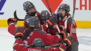 Ottawa Charge's Ronja Savolainen (88) celebrates her goal against the Boston Fleet with teammates during third period PWHL playoff action in Ottawa, Friday, May 8, 2026. (Adrian Wyld/CP)