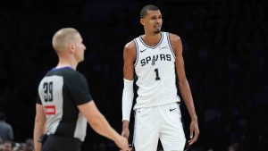 San Antonio Spurs forward Victor Wembanyama (1) reacts to a foul during the second half of Game 3 of a NBA basketball second-round playoff series against the Minnesota Timberwolves in Minneapolis, Friday, May 8, 2026. (Abbie Parr/AP)