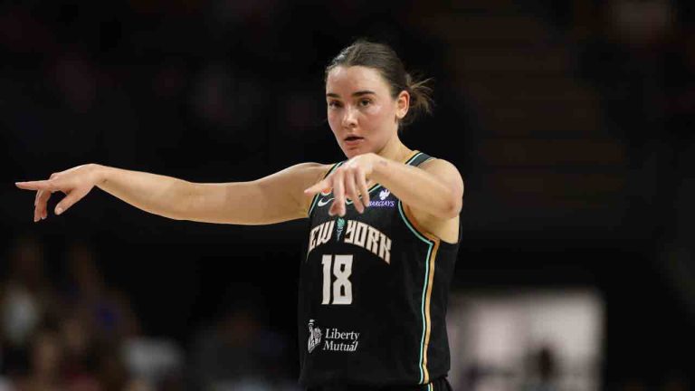 New York Liberty guard Pauline Astier (18) interacts with her teammates during a WNBA basketball game against the Washington Mystics, Sunday, May 10, 2026, in Washington. (Daniel Kucin Jr./AP)