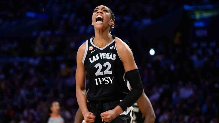 Las Vegas Aces center A'ja Wilson (22) reacts during a WNBA basketball game against the Los Angeles Sparks in Los Angeles, Sunday, May 10, 2026. (Kyusung Gong/AP)