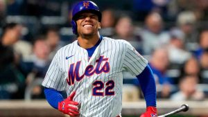 New York Mets designated hitter Juan Soto reacts after getting hit by the ball on his ankle during the third inning of a baseball game against the Detroit Tigers, Wednesday, May 13, 2026, in New York. (Yuki Iwamura/AP)