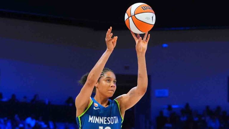 Minnesota Lynx forward Nia Coffey shoots during the second half of a WNBA basketball game against the Dallas Wings in Arlington, Texas, Thursday, May 14, 2026. (LM Otero/AP)
