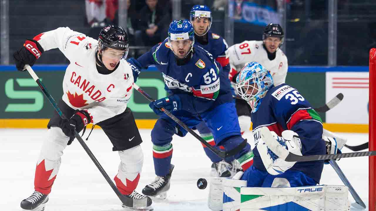 Celebrini scores pair to lead Canada over Italy at men’s hockey worlds