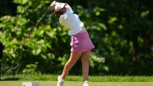 Lottie Woad hits from the seventh tee during the final round of the Queen City Championship LPGA golf tournament at Maketewah Country Club, Sunday, May 17, 2026, in Cincinnati. (AP Photo/Jeff Dean)
